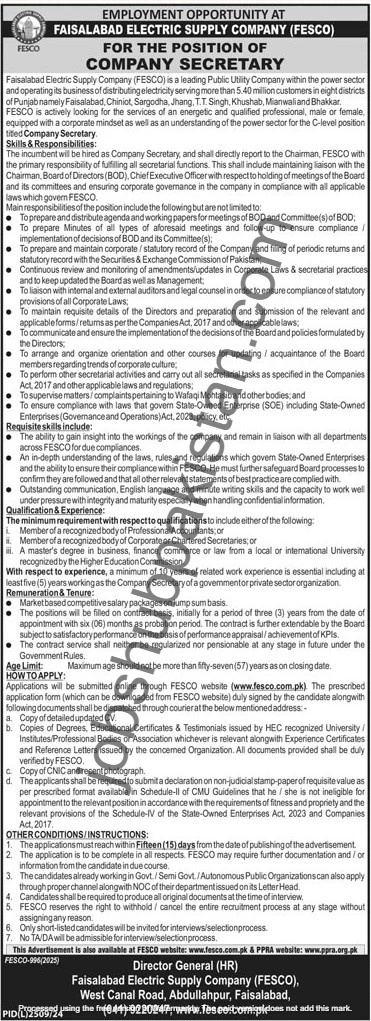 Faisalabad Electric Supply Company (FESCO) Jobs March 2025