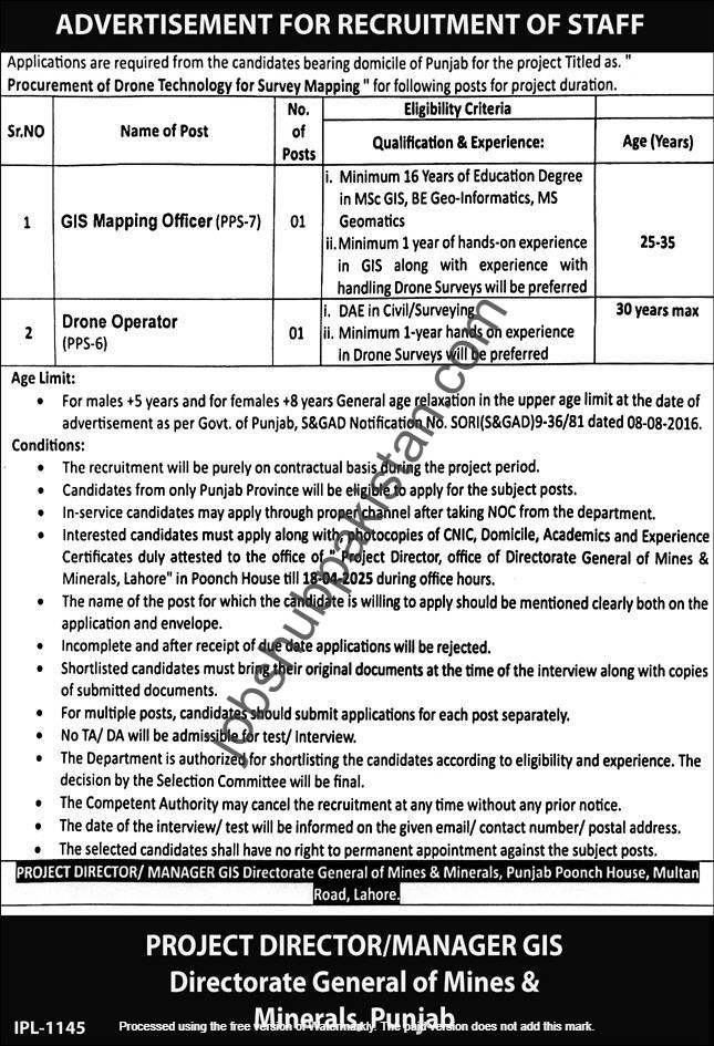 GIS Directorate General of Mines & Minerals, Punjab Jobs March 2025
