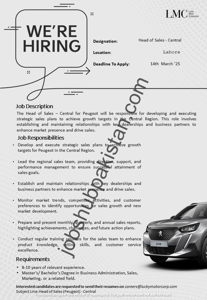 Lucky Motor Corporation LMC Jobs Head of Sales  | Kia Jobs March 2025