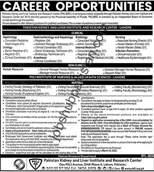 Pakistan kidney and Liver Institute and Research Center Lahore Jobs March 2025