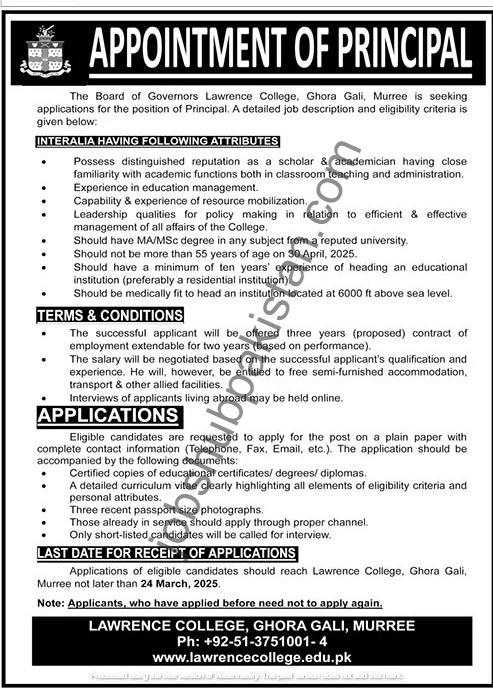 Principal Job at Lawrence College, Ghora Gali, Murree March 2025